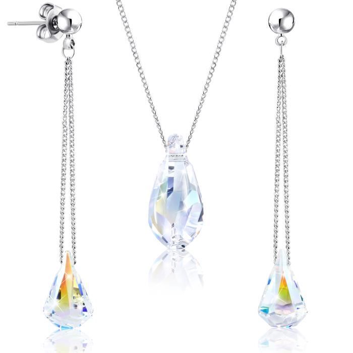 Parure femme 2SPLENDID® Boucles d'oreilles et Collier Baignés dans l'Or Blanc. Magnifique écrin offert. Cadeau Noël