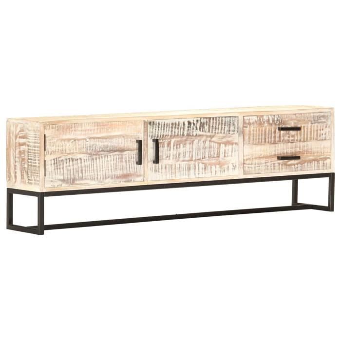 FOREVEN Meuble TV Blanc 140 x 30 x 45 cm Bois d'acacia massif #1
