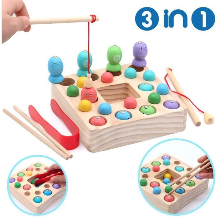 Jeux Montessori Jeu de Magnetique Pêche Puzzle avec Billes en Bois Jeux Société Poissons Educatif Jouet Enfant 3 4 5 6 Ans