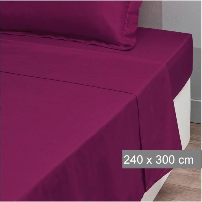 Drap Plat 1 Place 180 x 290 cm Uni - 100 % Pur Coton très doux 57 fils/cm2 - PRUNE