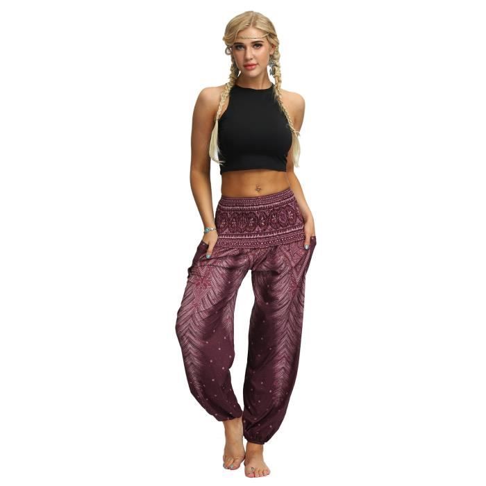 Femme Harem Pantalon Yoga Sarouel Legers Hippie Baggy Léger Ethnique Calqué Smockée Taille Haute avec Poches Été Plage