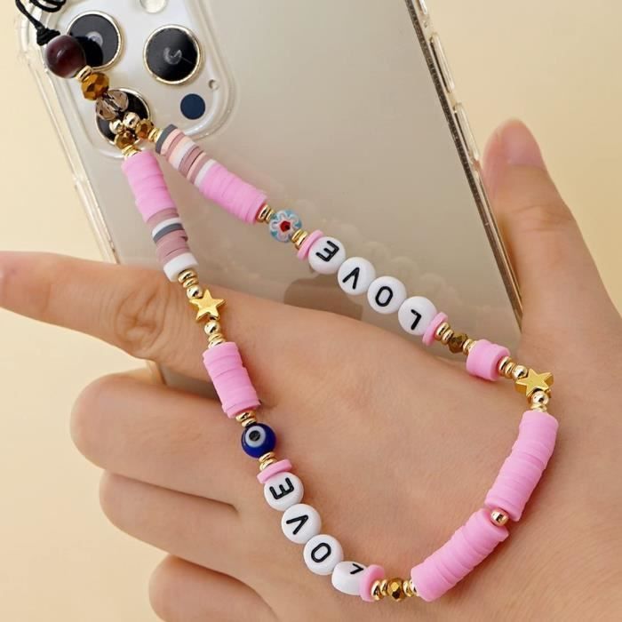 2 pièce rose bohème portable rétro nouveau collier de perles acryliques collier de perles charme de téléphone portable chaîne