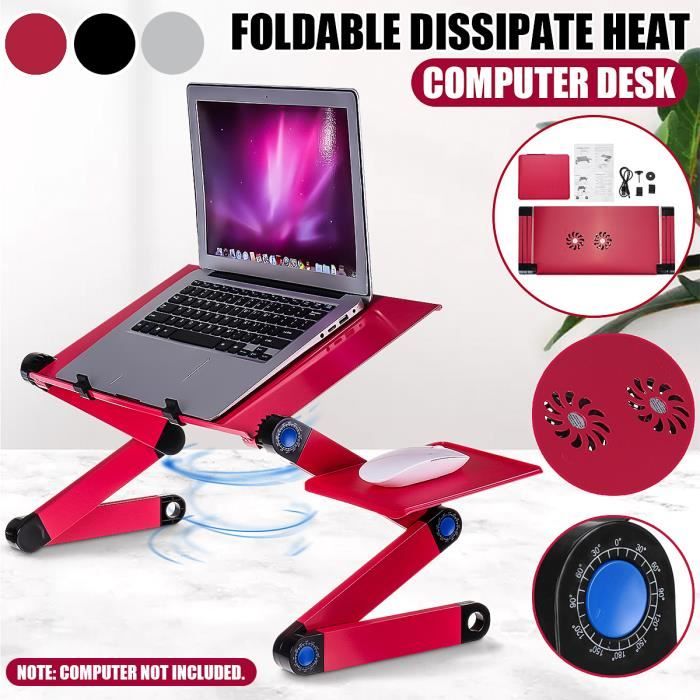 Bureau Table Lit d'ordinateur Pliable Alu. + 2 Ventilateur - Support Portable Hauteur Réglable Plateau Tablette Liseuse ROSE NOEL