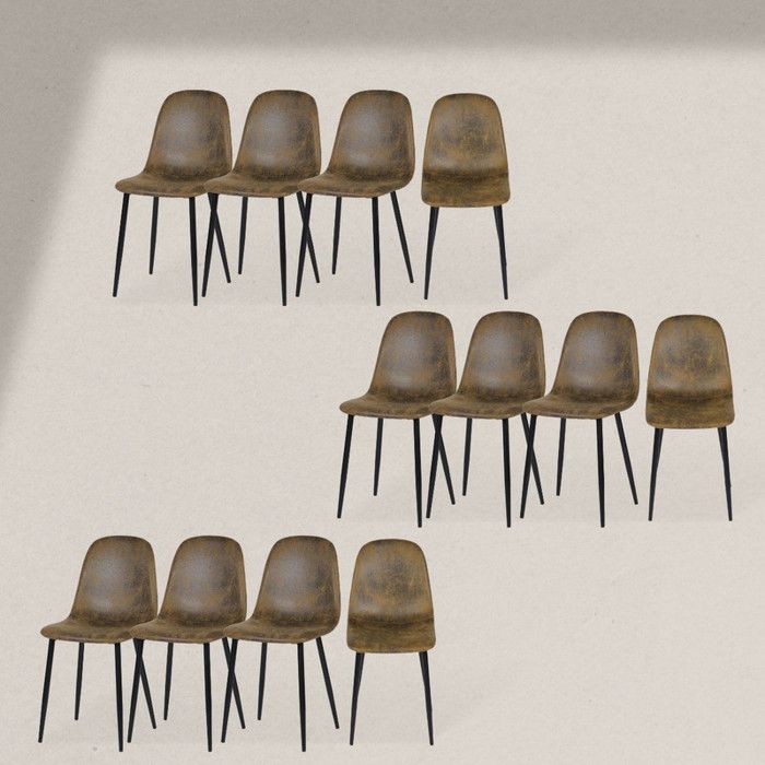 furniturer lot de 12 chaises de salle à manger en simili suede scandinave vintage rétro pour cuisine, salle à manger, salon, marron