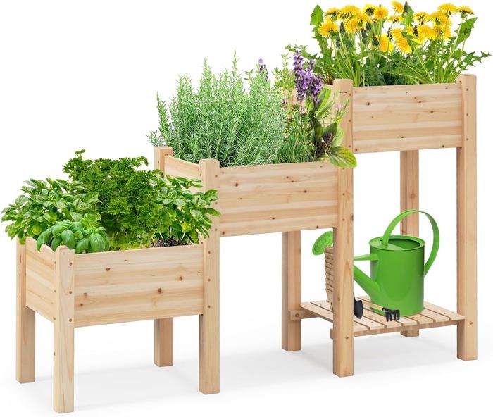 RELAX4LIFE Jardinière Surélevée à 3 Étages Carré Potager en Bois avec 3 Bac à Fleurs Trous de Drainage Étagère Rangement en Bas