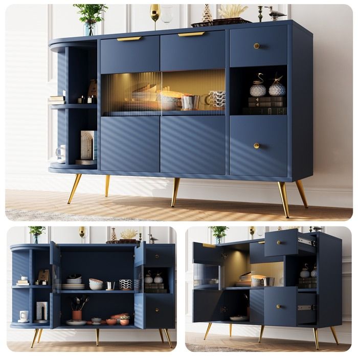 Buffet De Salle à Manger 140x80x38cm Blanc Avec Poignées Dorées - Étagères Réglables, Rangement Spacieux (2 Colis) - 6