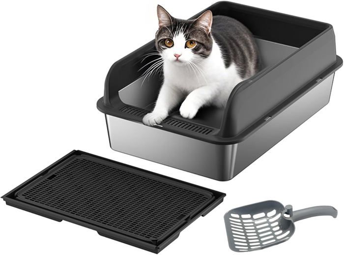 Bac À Litière Pour Chat Avec Couvercle, 20 Cm De Profondeur, Tapis Et Pelle À Litière, Anti-Fuite D'urine, Noir