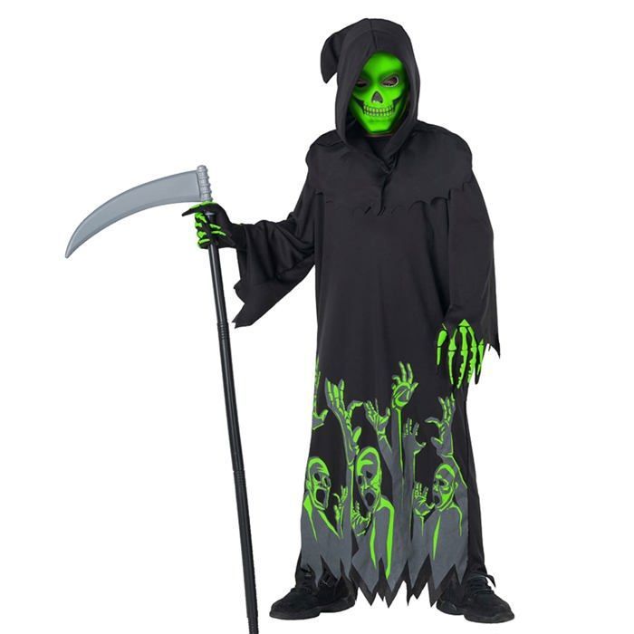 Costume Faucheuse Fille Enfant Halloween 3-12 Ans - Cape Noire, Robe Squelette, Faux, Gants & Chaussettes