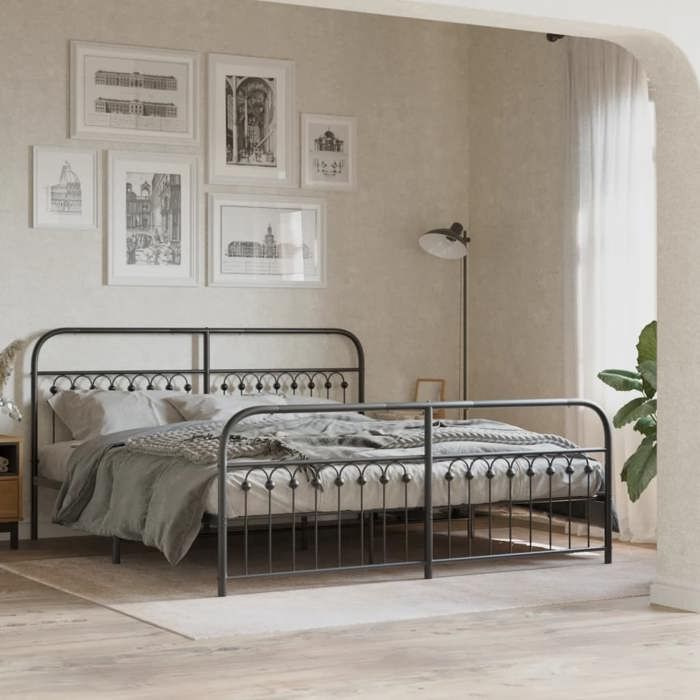 Cadre de lit double métal-Lit adulte contemporain-sans matelas-avec pied de lit noir 183x213cm BDMF00461244801