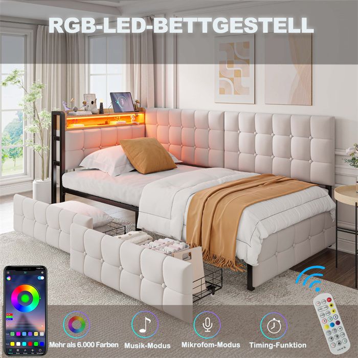 Lit Banquette Rembourré 90x200 Lit 1 Place avec 2 Tiroirs et Éclairage LED Lit Enfant Adulte Ado avec Port USB-C Lit Simple