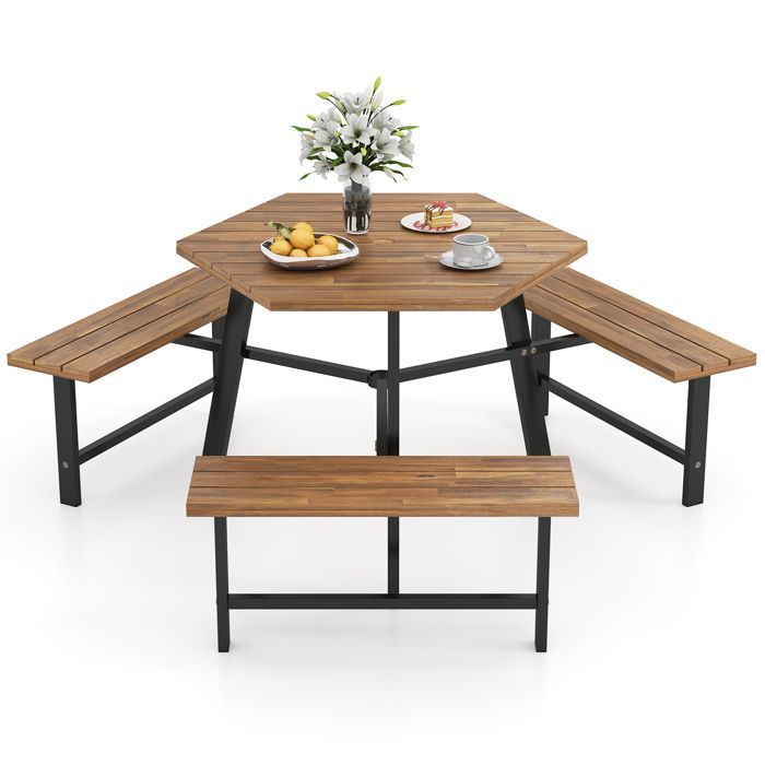 GIANTEX Table de Pique-nique pour 6 Personnes Table en Bois dAcacia avec Trou pour Parasol et 3 Bancs Structure en Métal
