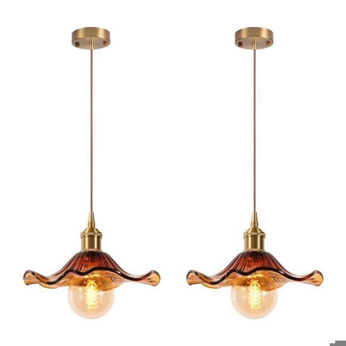 Suspension - Feuille de lotus ambre - Abat-jour verre - 2x E27 - Style scandinave vintage