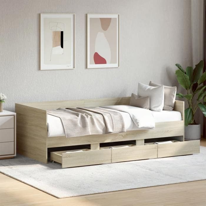 Cadre de lit de jour - KENNETH - 1 PLACE - avec tiroirs - sans matelas - chêne sonoma 90x190 cm - LV523