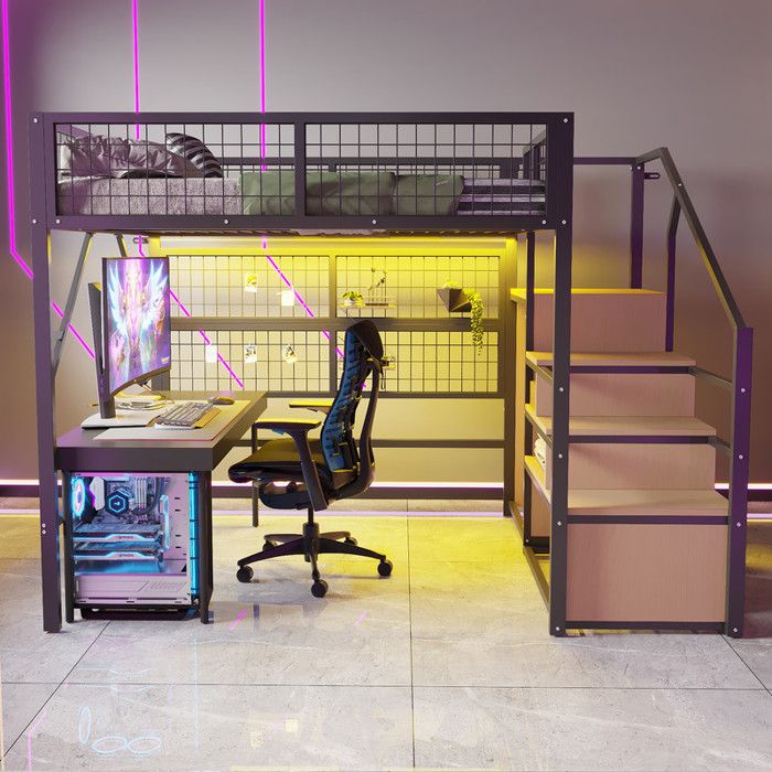 Lit mezzanine 140x200cm - Avec éclairage LED - Avec escalier de rangement - Avec penderie ouverte - Noir(sans matelas)