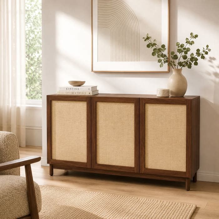 Buffet HARIA effet noyer et rotin 3 portes 140cm Buffet HARIA effet noyer et rotin 3 portes 140cm