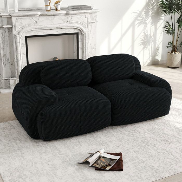 Canapé 2 Places en Velours Côtelé avec Coussins Confortables - Accoudoir Courbe et Rembourré - Canapé Modulable Moderne - Noir