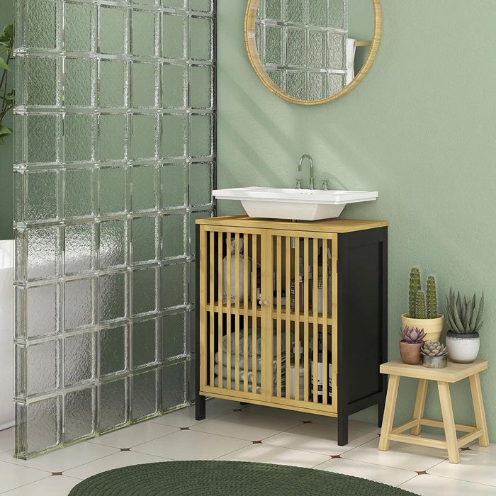 Meuble sous vasque 2 portes 60 x 30 x 70 cm MDF et bambou étagère réglable Meuble sous vasque 2 portes 60 x 30 x 70 cm MDF et bambou étagère réglable