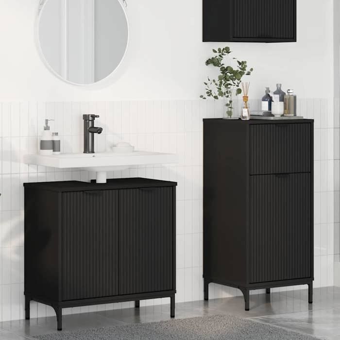 Black Month Mobilier de salle de bain 2 pcs - BURKE - Armoire/Colonne de bain - avec tiroir - Noir LL1145
