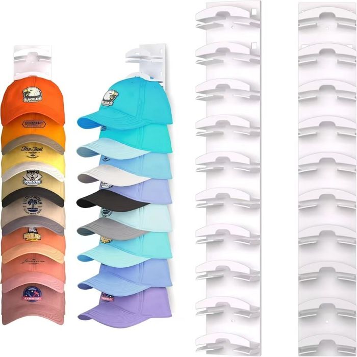 Présentoir mural pour casquettes - ULISEM - Compact - 10 casquettes - Blanc - 2 pièces - Fixation adhésive ou vis
