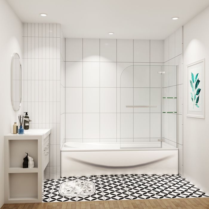 pare baignoire 90x140cm paravent pivotant avec porte-serviette en inox et 2 étagères 5mm verre de sécurit facile à pose