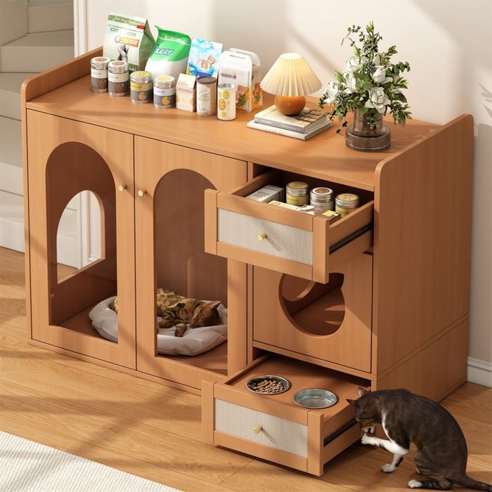 Meuble multifonction pour chat cache-litière - Niche rangement et mangeoires intégrés - Design bois noyer pour salon Meuble multifonction pour chat cache-litière - Niche rangement et mangeoires intégrés - Design bois noyer pour salon