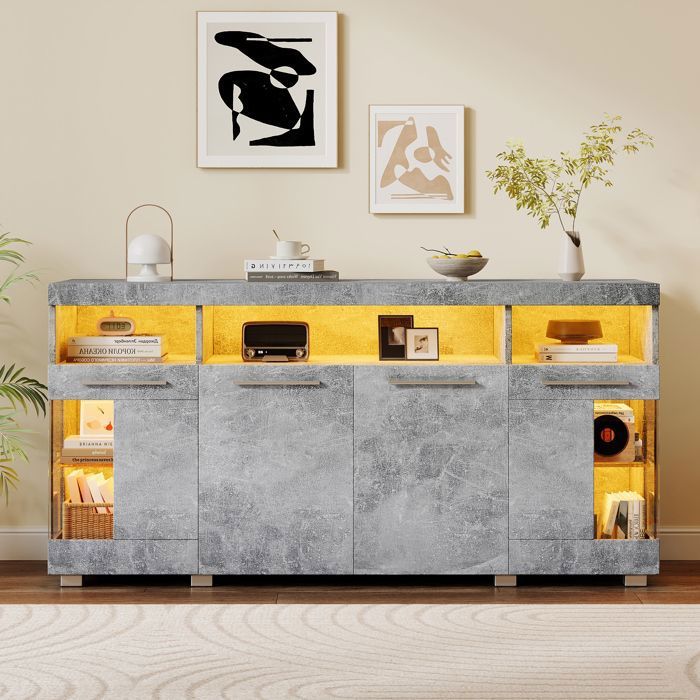 MERAX Meuble Rangement - Gris Ciment - avec 4 Portes dont 2 en Verre Trempé - Buffet de Salon - Éclairage LED - 140 x 40 x 70 cm MERAX Meuble Rangement - Gris Ciment - avec 4 Portes dont 2 en Verre Trempé - Buffet de Salon - Éclairage LED - 140 x 40 x 70 cm