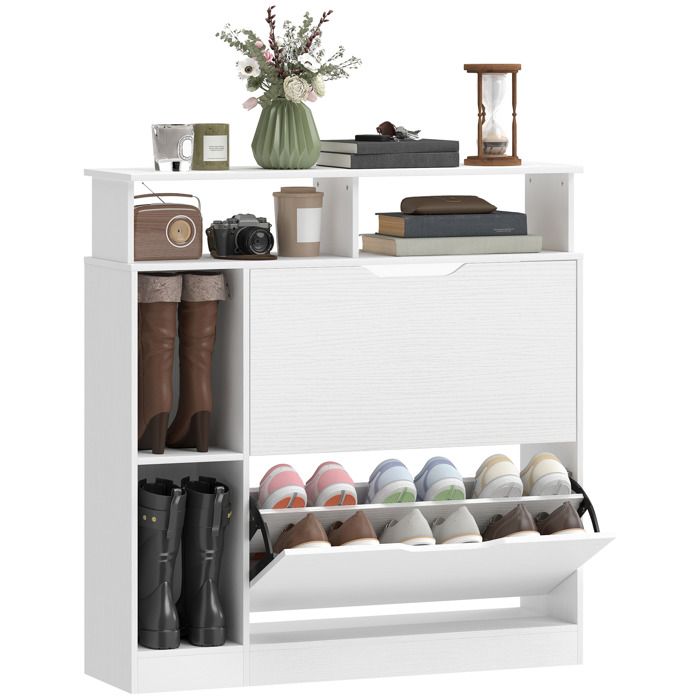 Meuble à chaussures - HOMCOM - 2 tiroirs rabattables compartiments ouverts et étagère réglable - bois - 89 x 25 x 92 cm - blanc
