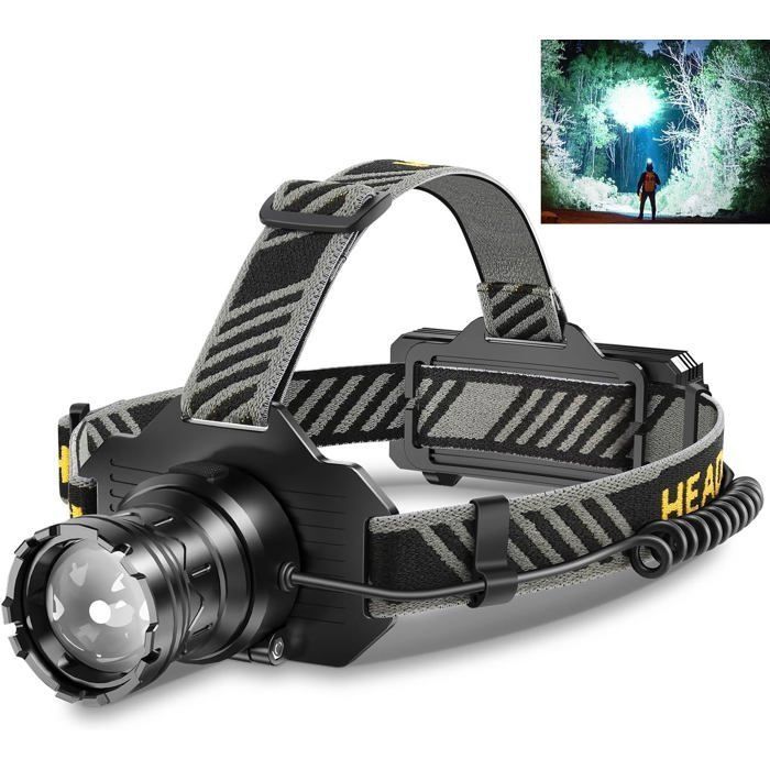 Nouveau Lampe Frontale 100000 Lumens Rechargeable - Zoom Variable IPX7 Étanche - Idéal pour Course à Pied Pêche Camping (Noir)