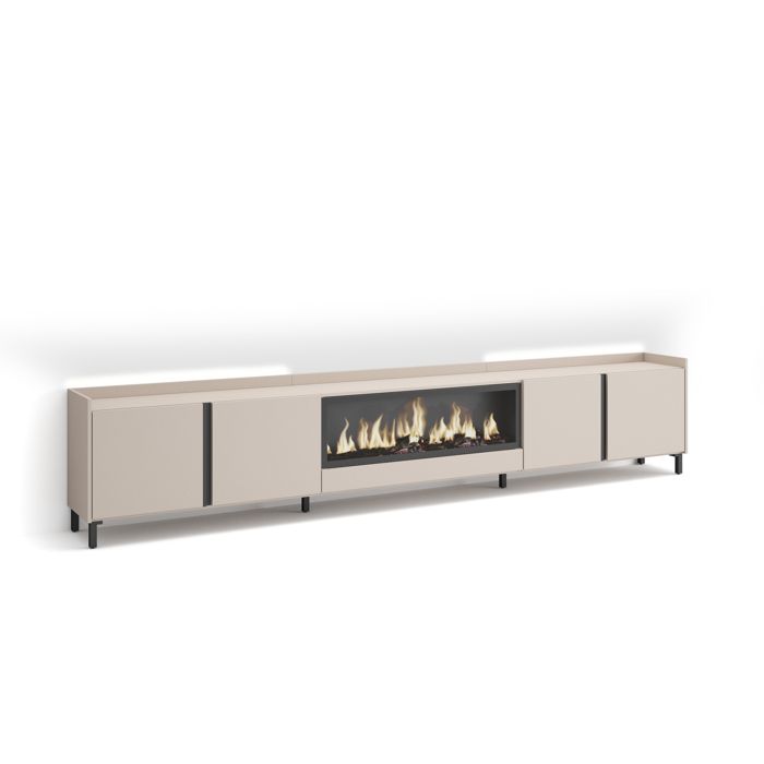 Meuble TV - Avec cheminée électrique XXL au centre - 315x35x61cm - Pour les TV jusquà 80 - LED - Beige - RF4687
