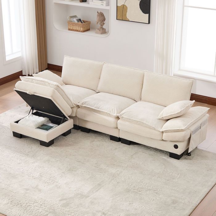 Canapé 3 places - SOGEU - 260x132x84 - Velours côtelé beige - Pouf coffre & port USB - Mousse haute densité