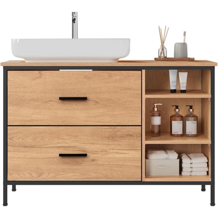 Meuble sous Lavabo - EUGAD Placard WC de Rangement - Métal et Bois - 90x30x60cm - Chêne Clair+Noir