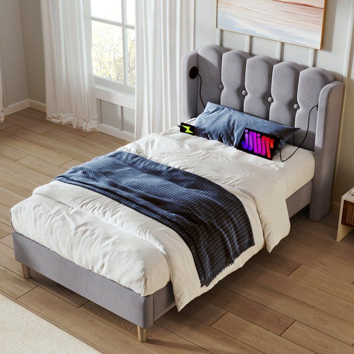 Lit simple rembourré 90x200 cm lit 1 places avec USB-C tête de lit capitonnée sommier à lattes sans matelas - tissu lin - gris