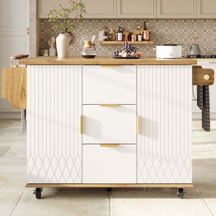 Îlot de cuisine avec plan de travail rabattable et prise électrique îlot de cuisine mobile sur roulettes blanc