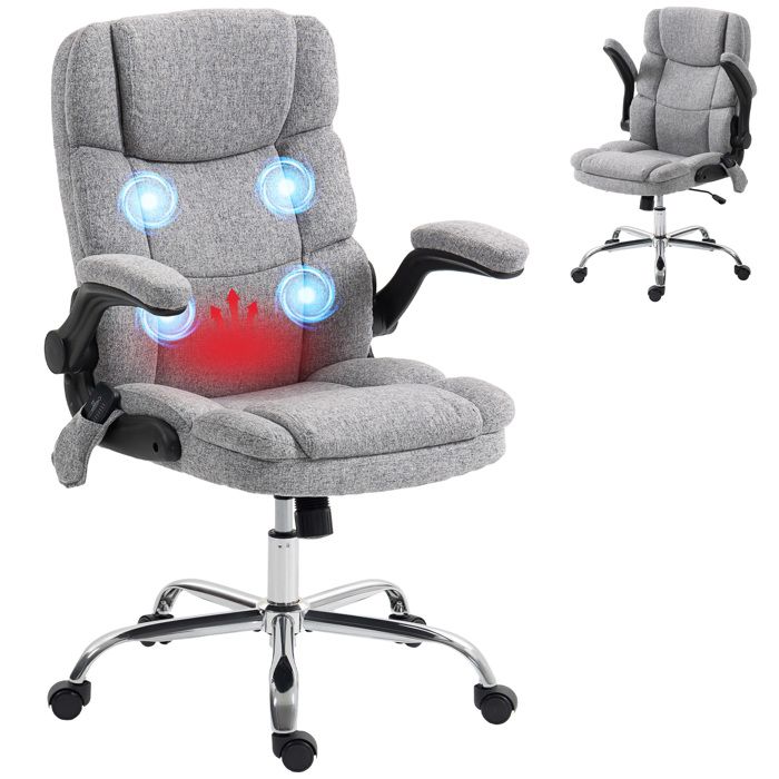Fauteuil de bureau - HOMCOM - massant et chauffant - hauteur réglable fonction à bascule - tissu effet lin - 71x66x112cm - gris Fauteuil de bureau - HOMCOM - massant et chauffant - hauteur réglable fonction à bascule - tissu effet lin - 71x66x112cm - gris