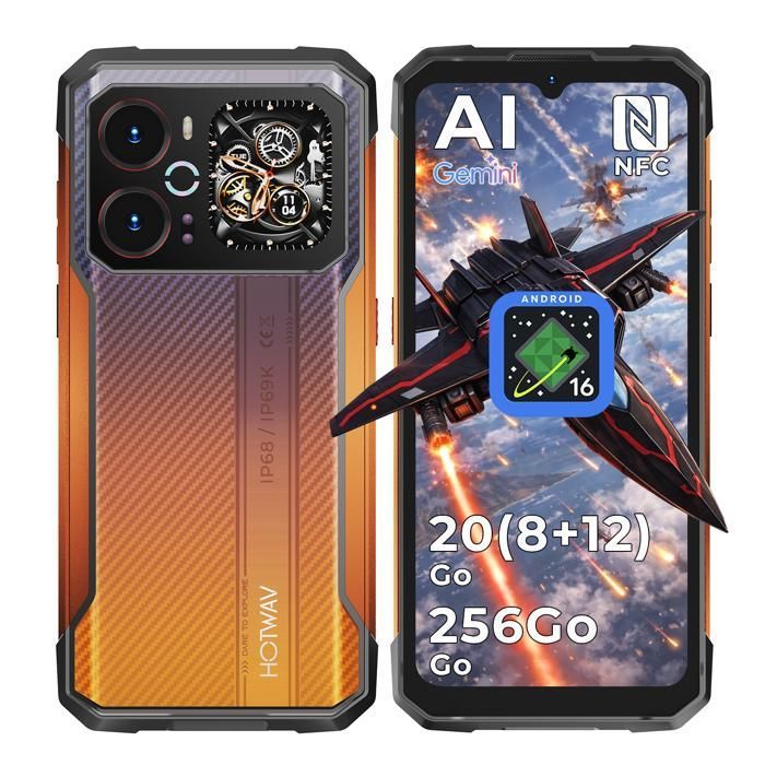 HOTWAV Cyber 18 4G Smartphone Robuste Android 16 Écran 675 HD+ 20(8+12)Go/256Go6200mAh 64MP NFC/GPS IP68 Téléphone-Orange