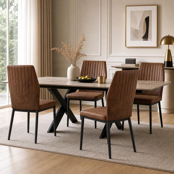 Lot 4 chaises - Zephmum - tissu technique marron gaufrage vertical pieds noir