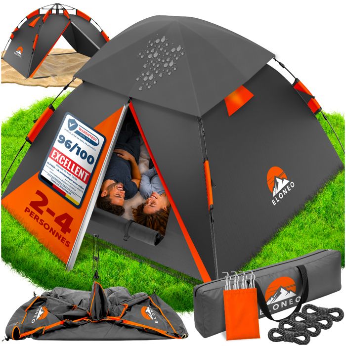 ELONEO tente Pop-Up 245x225x150 cm orange gris tente camping 2 à 4 personnes montage rapide