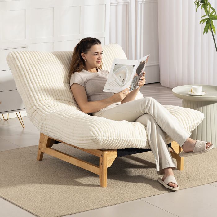 Fauteuil de Salon en Velours Côtelé - Chaise Lounge Confortable - Grand Coussin Assise - Pieds en Bois - Blanc