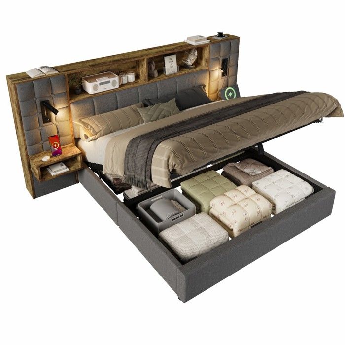 Lit Double Rembourré Lin Gris 180x200cm LED USB-C Tables Chevet Intégrées Coffre Rangement Sommier Lattes Sans Matelas Lit Double Rembourré Lin Gris 180x200cm LED USB-C Tables Chevet Intégrées Coffre Rangement Sommier Lattes Sans Matelas