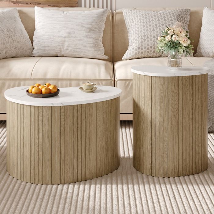 WOVREO Lot de 2 tables basses gigognes style scandinave effet marbre et bois MDF naturel et blanc