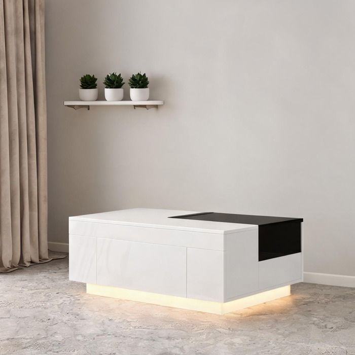 Table basse MDF noir et blanc avec éclairage LED 16 couleurs et plateau extensible pour salon moderne