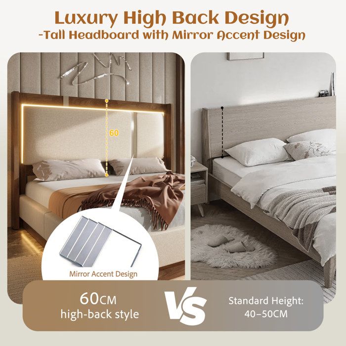 HOMVRA Lit coffre 140x200 cm avec sommier à lattes LED intégrée hydraulique lin beige et noyer