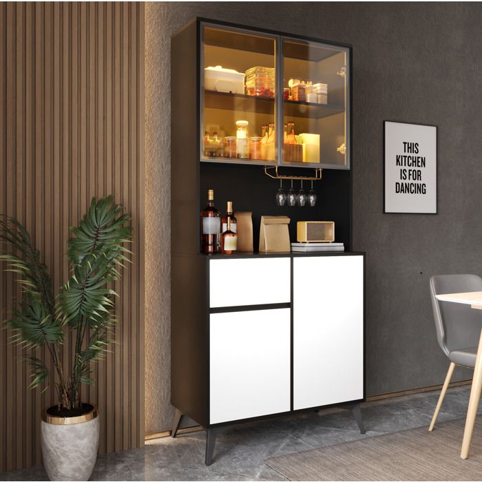 Buffet haut vitrine AESVAR noir et blanc 80 x 40 x 180 cm avec LED 4 portes 1 tiroir et support à verres