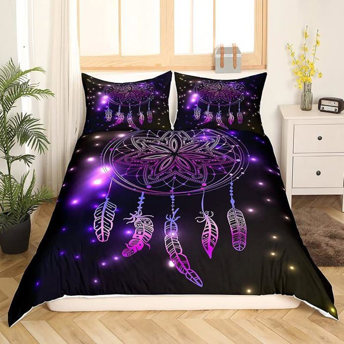 Parure de Lit 240x260 cm Femme Fille Housse de Couette Dreamcatcher Violet Bohème Motif Plume Mandala 2 Taies PARURE DE COUETTE