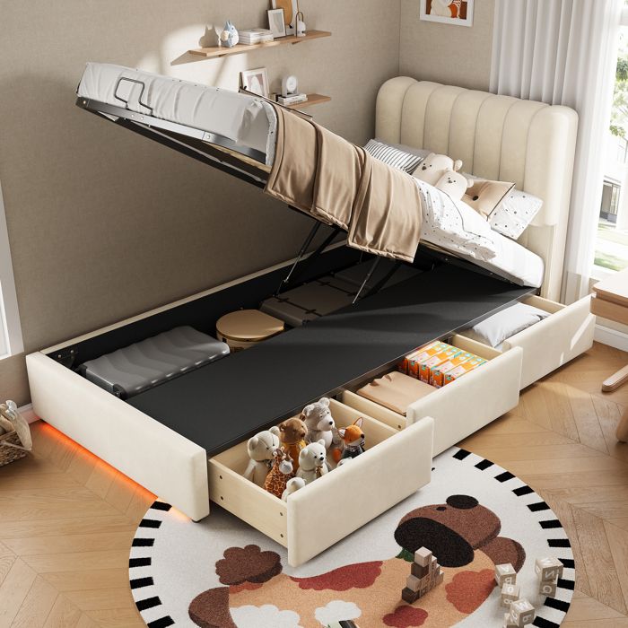 Lit coffre enfant - ZEVKOR - 90×200 cm hydraulique - velours beige - 3 tiroirs - LED intégrée