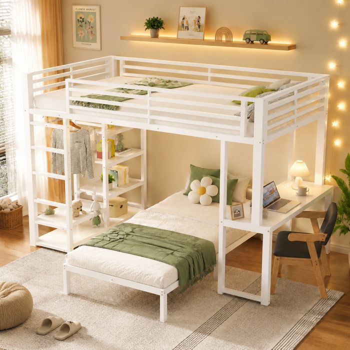 Lit superposé 2 couchages 90x200 cm bureau avec double prise USB et USB-C 4 étagères penderie certifié EN 747 Métal et MDF-Blanc