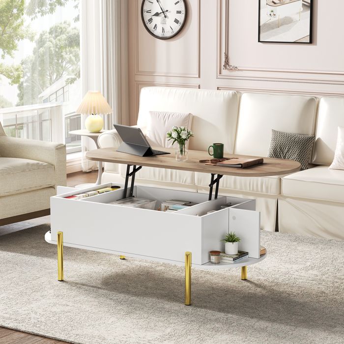 Table basse relevable - ZEVKOR - 120×50×43 cm - Plateau relevable - Rangement 3 compartiments - Pieds métalliques dorés