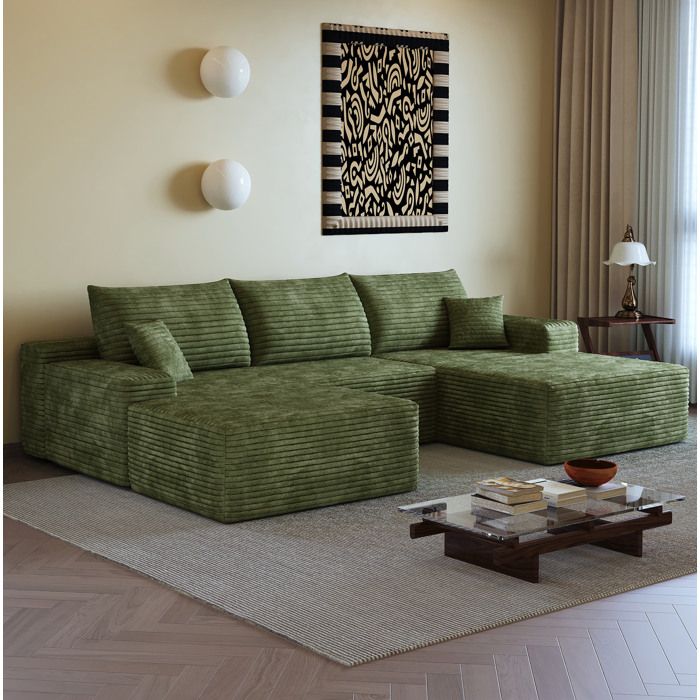 Canapé dangle modulable 4 places en L chaise longue à droite velours côtelé vert compressé sans montage JOINERY