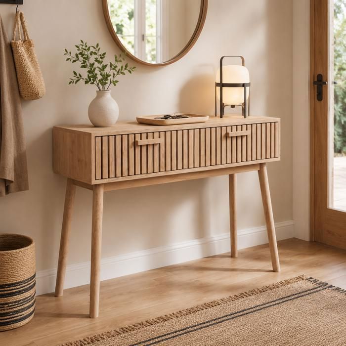 Console Table en Bois Massif Meuble dEntrée avec 2 Tiroirs Table dappoint canapé Design Lames pour Salon Hall Bois Clair