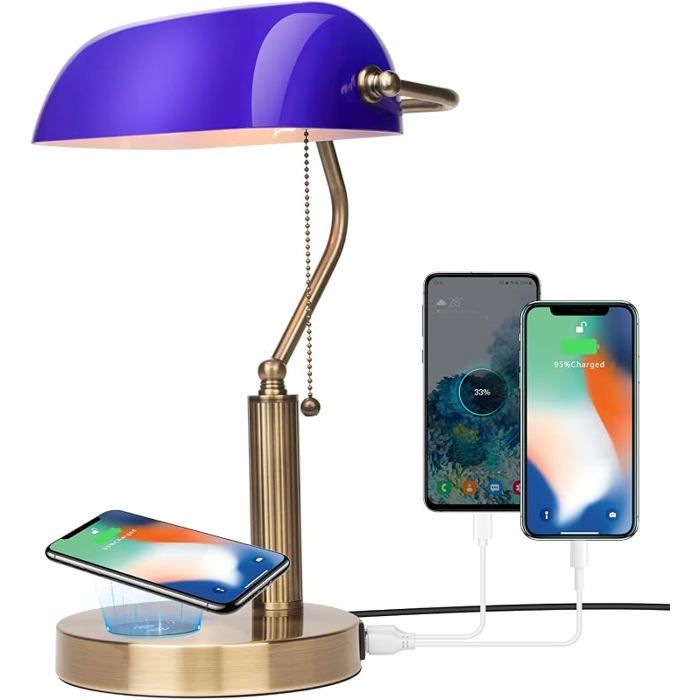 Lampe de Bureau en Verre Bleu pour Banquier avec Chargeur Sans Fil et port USB Lampe de Table Bleu avec Recharge Sans Fil
